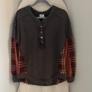 BKE Charcoal and Red Plaid Henley